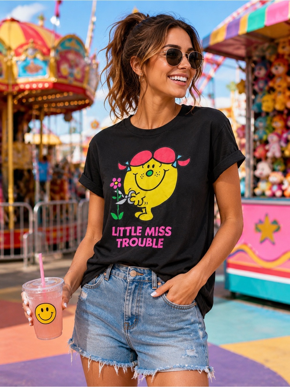 Little Miss Trouble Graphic Tee Black Size L Mr Men Cartoon T-Shirt